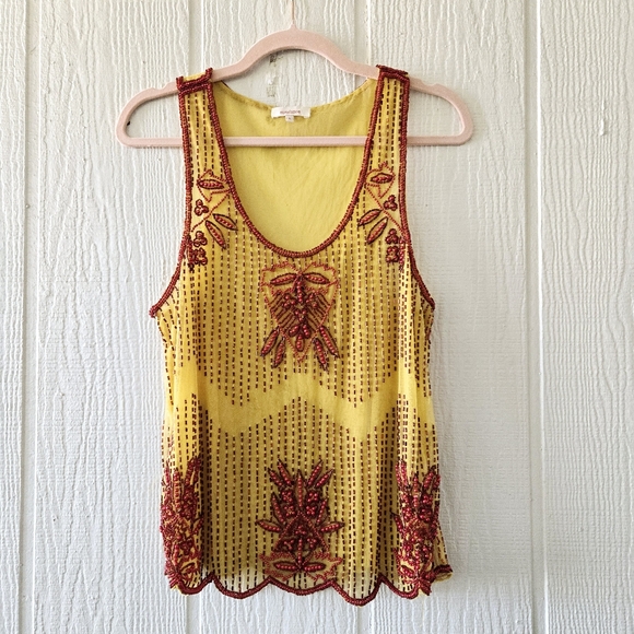 Sundance Tops - Sundance Mesh Yellow & Red Beaded Tank Top Lined Festival Boho Western Large